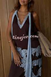 Sunday Social Contrast Color Satin Lace Trim Neck Strap Loose Tank