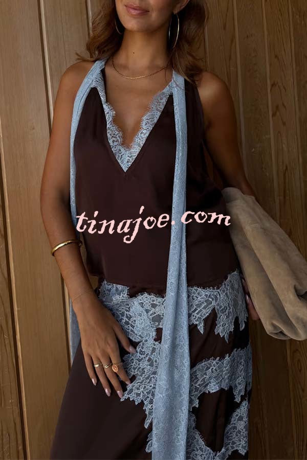 Sunday Social Contrast Color Satin Lace Trim Neck Strap Loose Tank