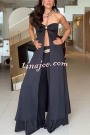 Stellah Golden Details Front Slit Midi Tube Top and Elastic Waist Wide Leg Pants Set