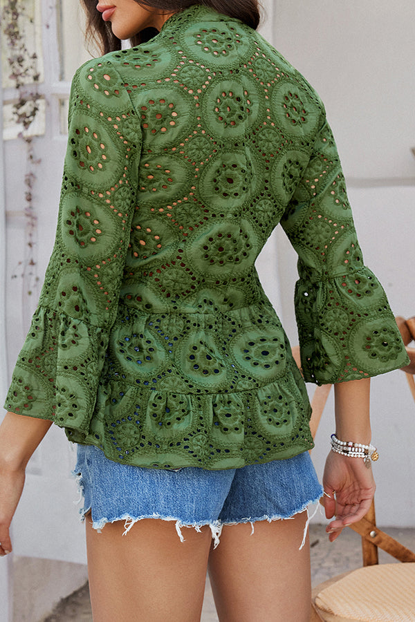 Solid Color Casual Resort Style Hollow V-neck Shirt