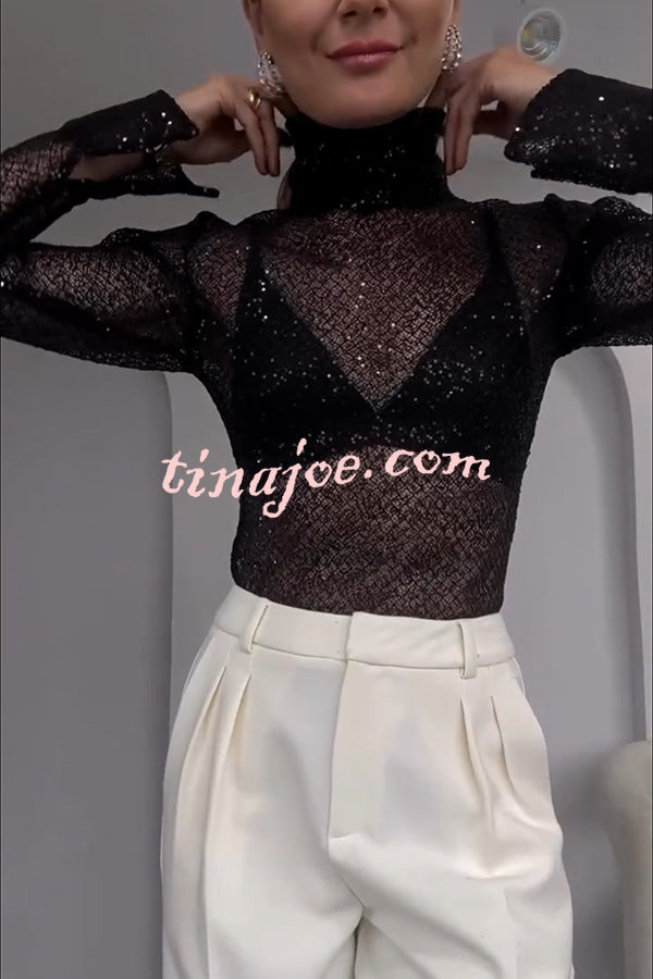 Shimmering Twilight Sequin Turtleneck Long Slit Sleeve H-line Blouse