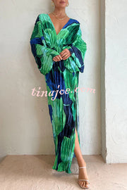 Tropical Oasis Capri Print Kimono Sleeve Pleated Cocoon Maxi Dress