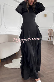 Cline Solid Color High Neck Long Sleeve Elegant Ruffles Maxi Dress