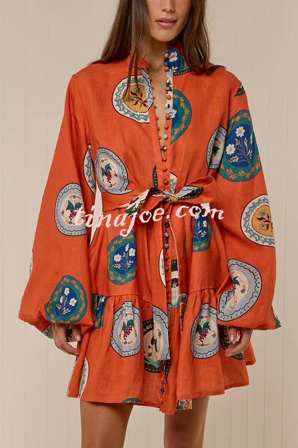 Linen Blend Unique Print Tie Waist Loose Mini Dress