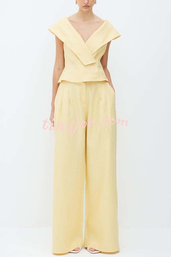 Velena Linen Blend Button Up Lapel Top and High Rise Pocket Wide Leg Pants Set