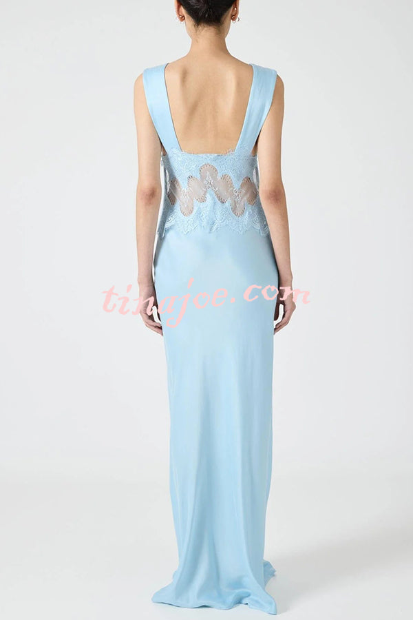 Wonderful Fusion Satin Lace Trim See-through Waist V-neck Drape Maxi Dress