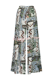 Terrace View Off Shoulder Tie Loose Top and Elastic Waist Unique Print Loose Pants Set