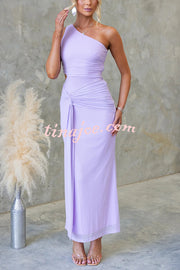 Solid Color Elegant Mesh One Shoulder Sexy Waist Hollow Out Maxi Dress