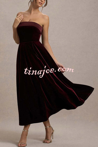 Center of Attention Velvet Satin Neck Bandeau Pleated Midi Dress