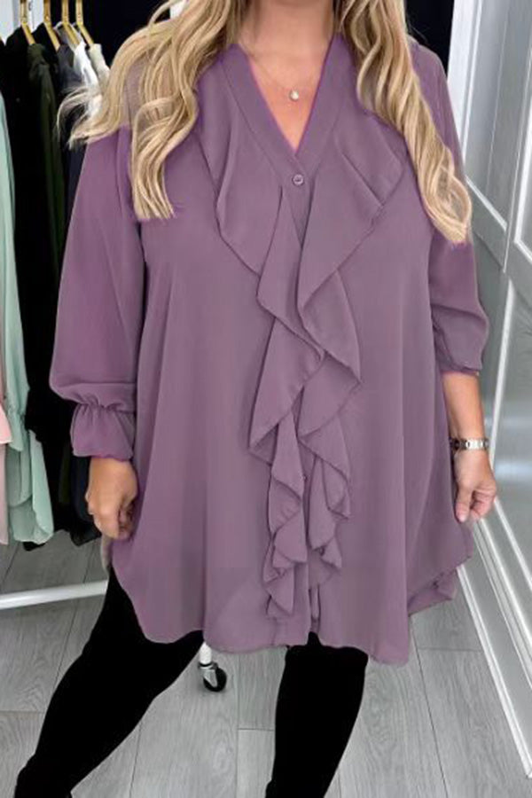 Solid Color Chiffon V-neck Long-sleeved Ruffle Casual Shirt