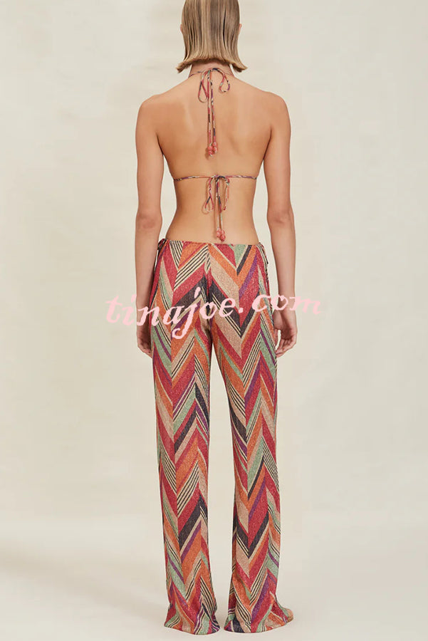 Gypsy Girl Triangle Pattern Beaded Tie-up Waist Stretch Loose Pants