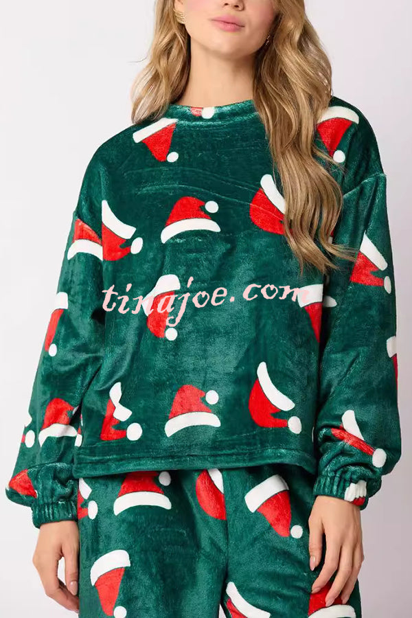 Christmas Printed Crew Neck Long Sleeve Top and Elastic Waist Loose Pants Set