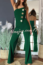 Solid Color Sexy Tube Top Gold Button Embellished Bootcut Jumpsuit