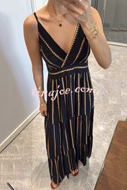 Striped Printed Suspender V-Neck Full Hem Loose Holiday Maxi Dress