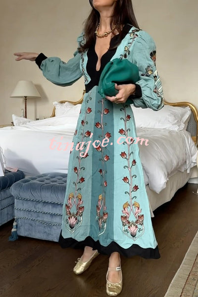 Flowing Beauty Linen Blend Floral Print Balloon Sleeve Open Back Midi Dress