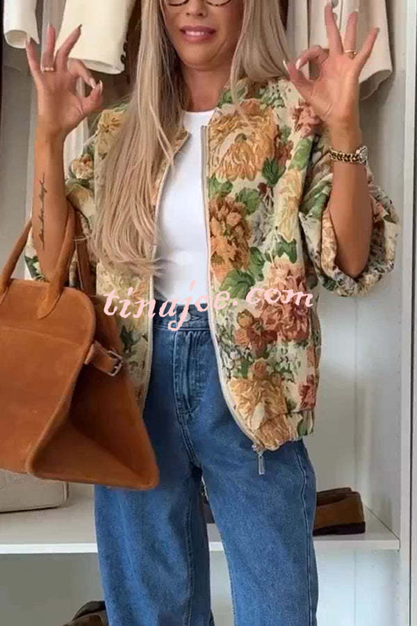 Floral Print Loose Long-sleeved Zip-up Jacket