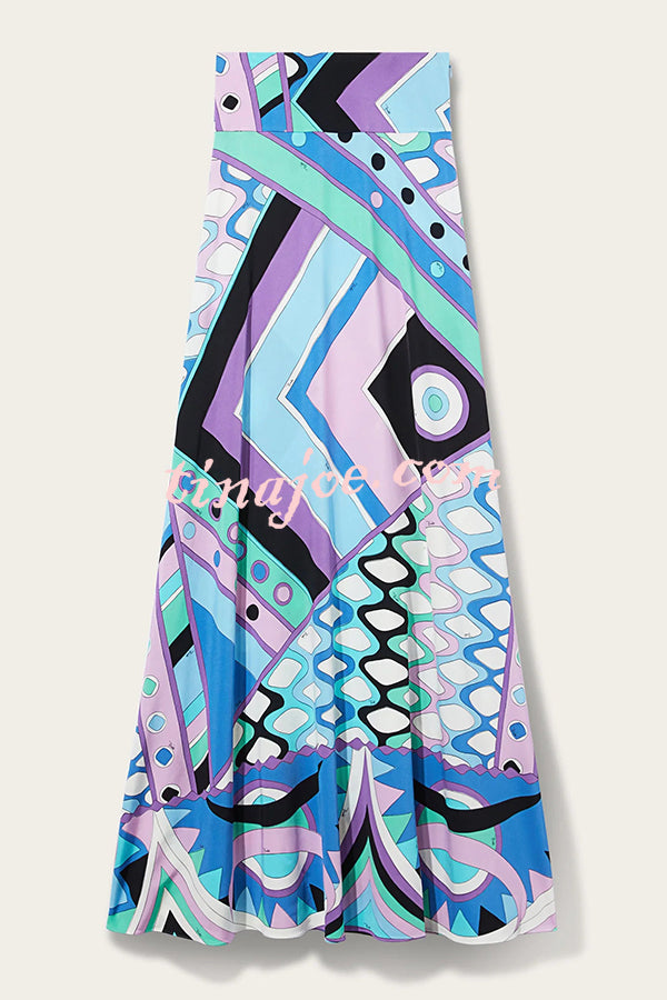 Uniquely Printed Casual Long-sleeve Shirt and Hip-covering Maxi Skirt Set