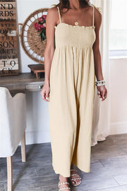 Elegant Solid Color High Waist Linen Blend Suspender Pleated Jumpsuit