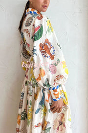 Hopeful Moments Tropical Fruit Print Balloon Sleeve Patchwork Shirt Midi Dress