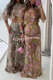 Fashionable Embroidered Flower Sequined Crop Top and Elegant Sheer Maxi Skirt Set