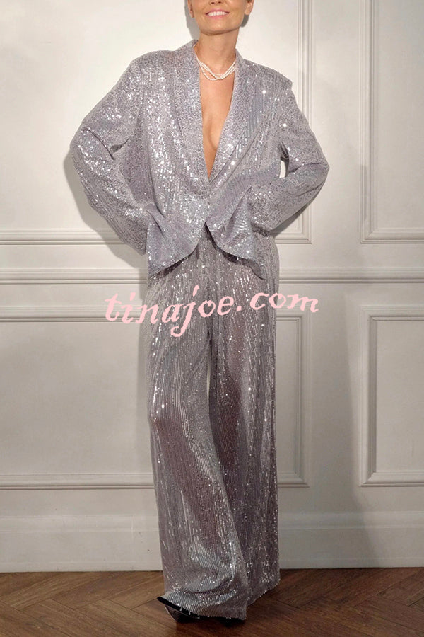 Solid Color Sequin Long Sleeve Party Blazer