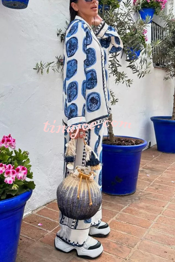 Unique Print Lapel Long Sleeve Shirt and Elastic Waist Wide Leg Pants Set