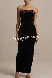 Illusion Velvet Bandeau neck Bow detail Stretch Maxi Dress