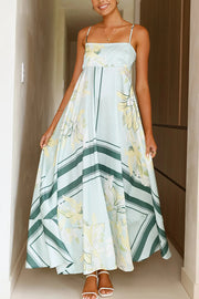 Botanical Print Square Neck Suspender Casual Full Hem Maxi Dress