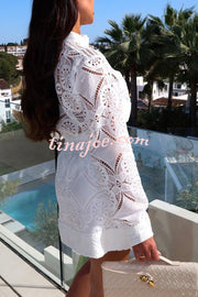 Unique Crochet Lace Long Sleeve Button Blouse and High Rise Skirt Set