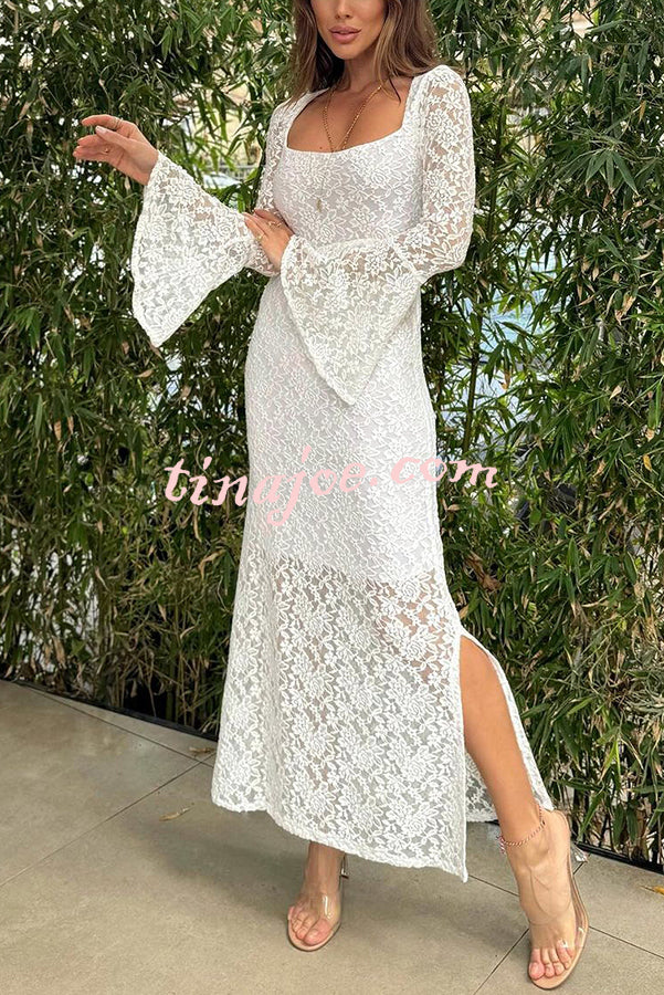 Luxe Lifestyle Lace Square Neck Bell Sleeve Lined Slit Midi Dress