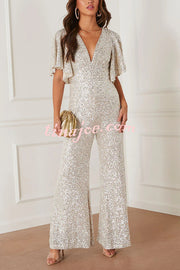 Trophy Wife Sequin Bell Sleeve Flare Stretch Jumpsuit