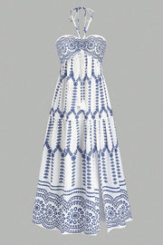 Bohemian Holiday Style Unique Print Halter Neck Tie Slit Midi Dress