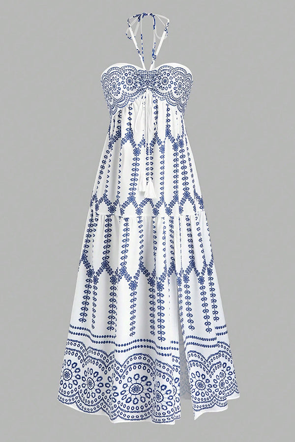 Bohemian Holiday Style Unique Print Halter Neck Tie Slit Midi Dress