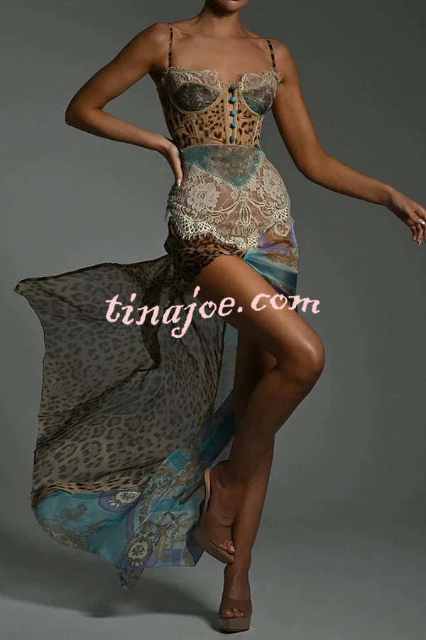 Chiffon Leopard Print Sexy Lace Splicing High Slit Slim Maxi Dress
