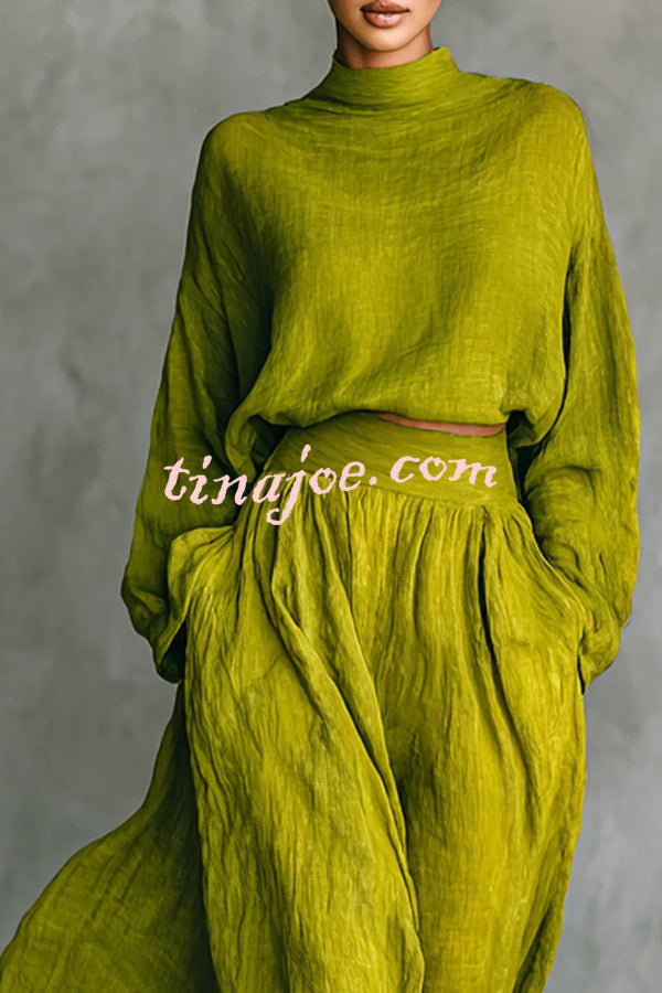 Linen Blend Solid Color Loose Long-sleeved Top and High-waisted Casual Pocket Maxi Skirt Set