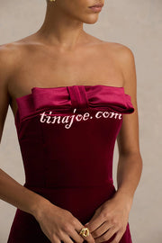 Illusion Velvet Bandeau neck Bow detail Stretch Maxi Dress