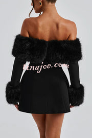 Cute and Luxe Faux Fur Trim Off Shoulder Bubble Shaped Mini Dress