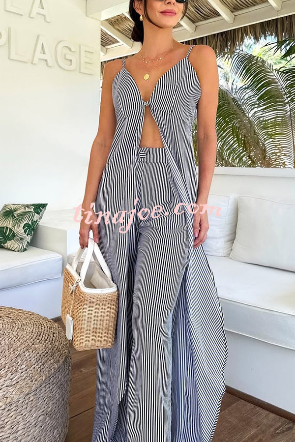 Striped Print Sleeveless Long Casual Top and Loose Straight Pants Set