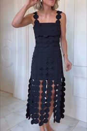 Best Dance Laser Cut Circle Embroidery Square Neck Tassle Trim Midi Dress