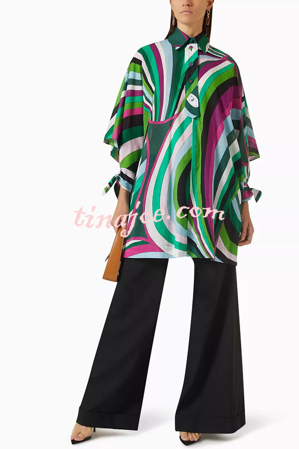 Lorrie Unique Print Button Slit Tie-up Sleeve Oversized Shirt Mini Dress