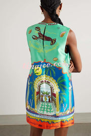 Natural Beauty Satin Unique Print Sleeveless H-line Mini Dress