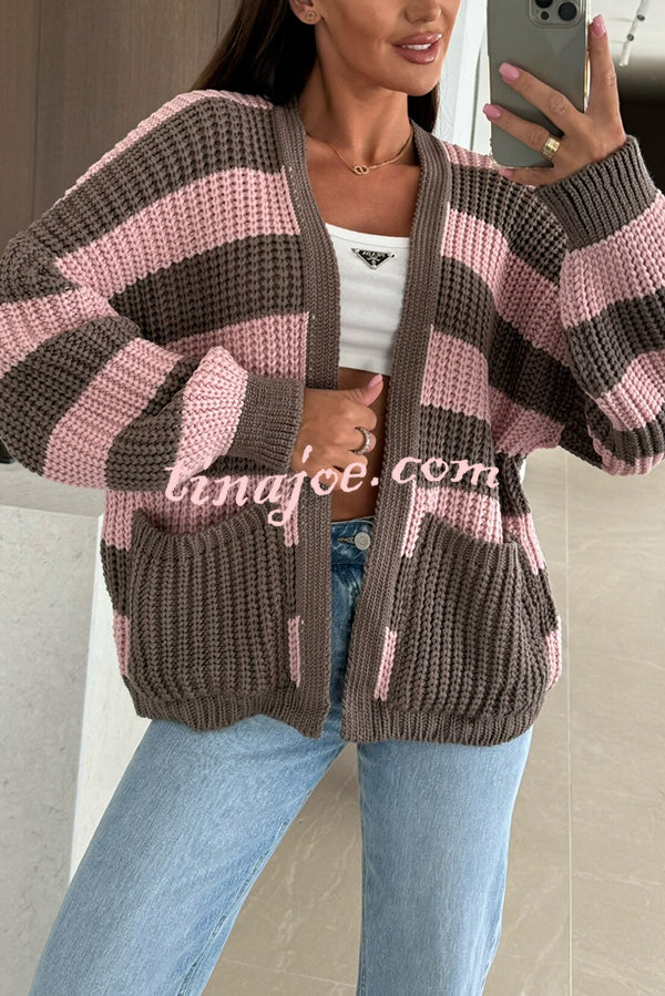 Fashionable Patchwork Striped Casual Pocket Knitted Sweater