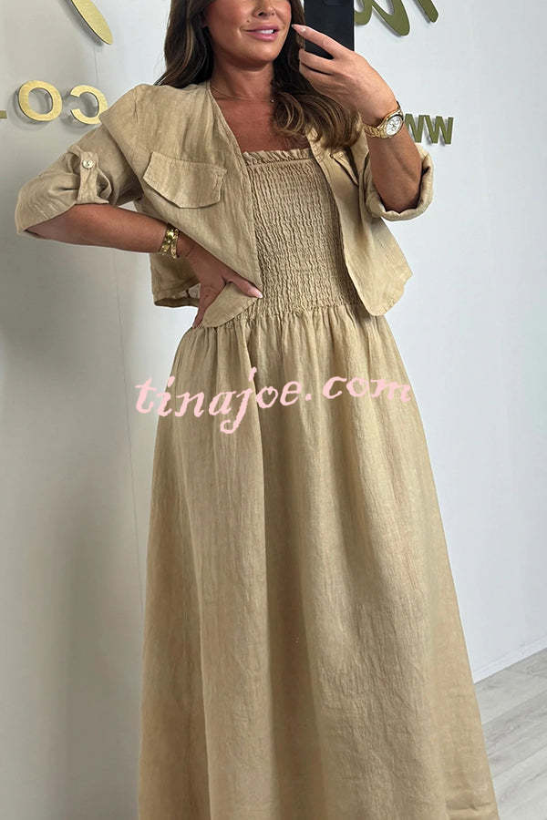Solid Color Casual Short Jacket and Suspender Pleated Maxi Dress Set