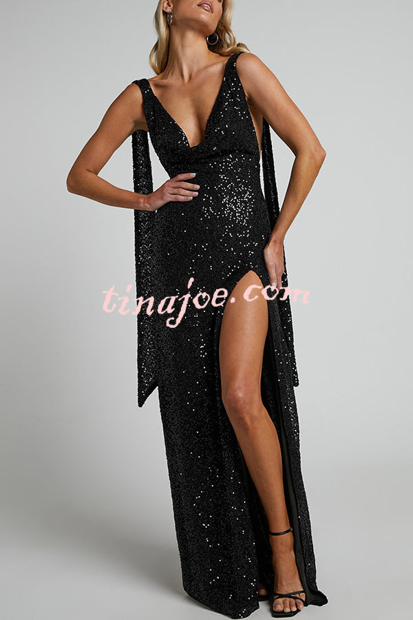 All The Sparkle Sequin Cowl Neck Backless Slit Stretch Maxi Dress