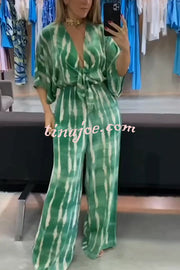 Striped Print V-Neck Lace-Up Casual Wide-Leg Jumpsuit