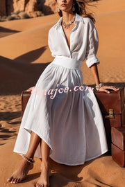 Solid Color Lapel Long Sleeve Casual Waist Midi Dress