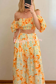 Quinci Floral Puff Sleeve Smocked Top and Elastic Waist Pocketed Loose Pants Set