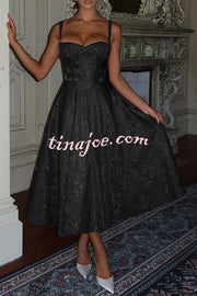 Palace Style Jacquard Fabric Backless Tie Slim Midi Dress
