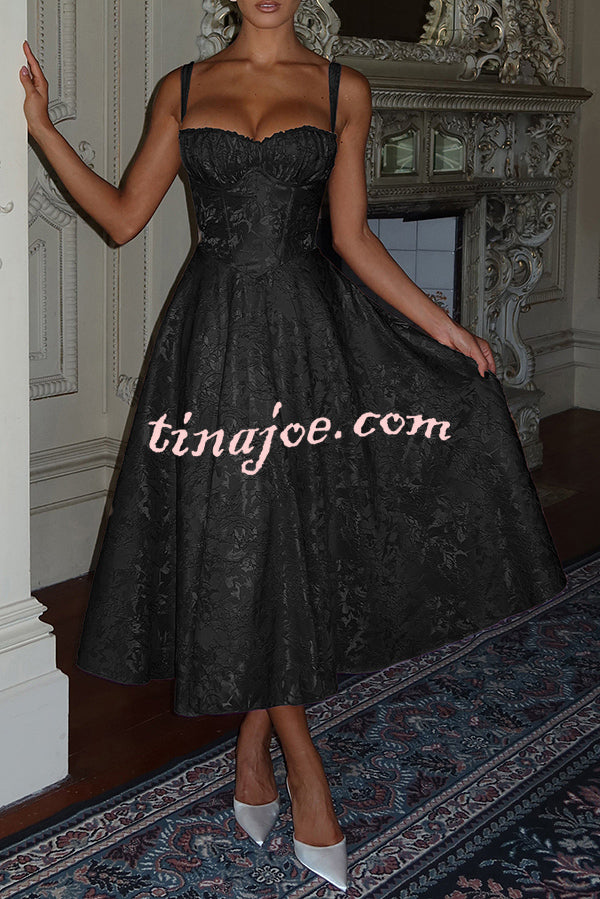 Palace Style Jacquard Fabric Backless Tie Slim Midi Dress
