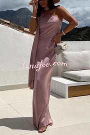 Cheers Babe Satin Solid Color Elegant One Shoulder Tie Maxi Dress